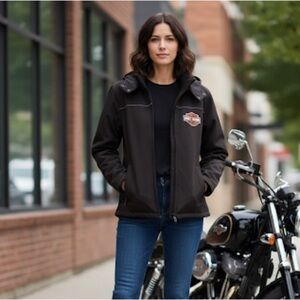 Harley Davidson Sz M Black Logo Embroidered Water Repellent Hooded Jacket Coat